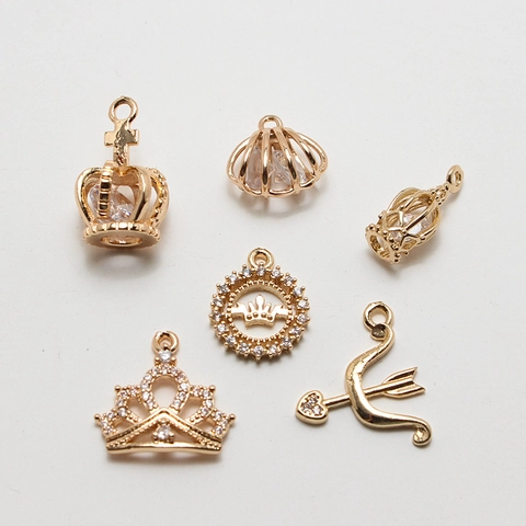 Copper Rhinestone Pendants For DIY Jewelry Making Gold Plated Hollow Crown Shell Bow Arrow Charms For Bracelet Necklace Earrings Accessory