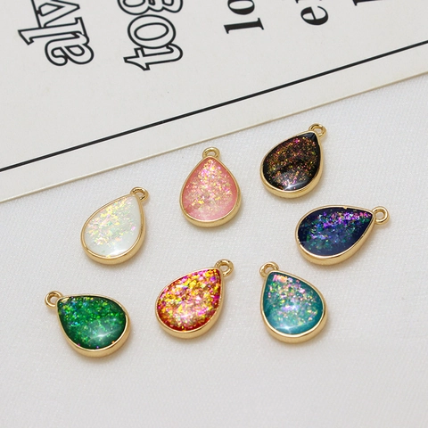 Copper Plated Gold Teardrop Pendant Faux Opal Glitter Geometric Water Drop Charm For DIY Jewelry Making Findings Accessories