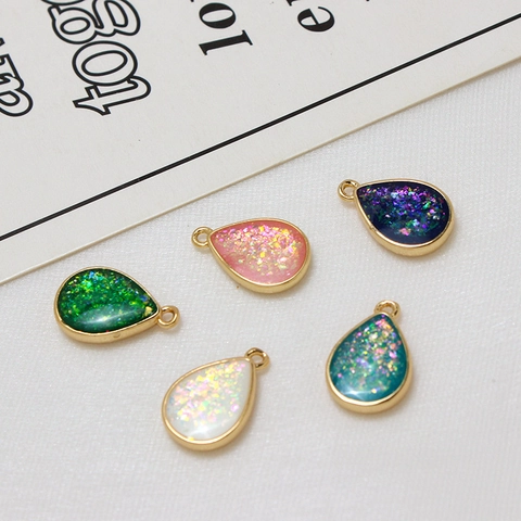 Copper Plated Gold Teardrop Pendant Faux Opal Glitter Geometric Water Drop Charm For DIY Jewelry Making Findings Accessories