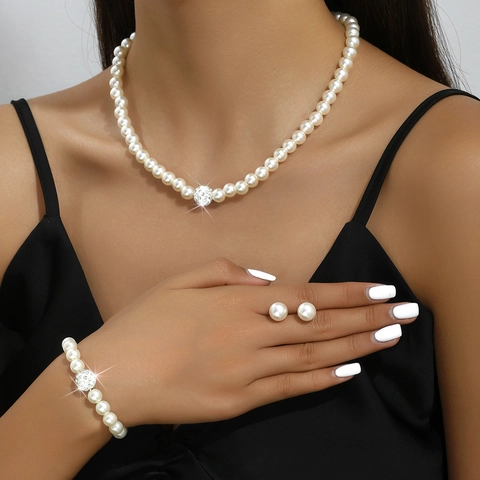 Elegantes Künstliches Perlen Schmuckset Für Damen Strass Kugel Halskette Armband Ohrstecker Braut Hochzeit Party Schmuck Zubehör