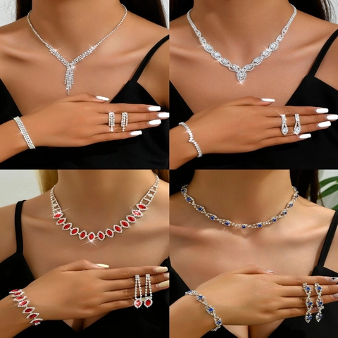 Luxuriöses Tropfen-Strass-Schmuckset Für Damen Legierung Versilbert Hochzeit Braut Halskette Ohrringe Armband Set Party Zubehör