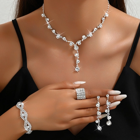Luxus Legierung Strass Schmuckset Halskette Ohrringe Armband Ring Braut Hochzeit Bankett Elegantes Funkelndes Accessoires Damen