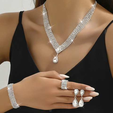 Luxuriöses Legierung Strass Schmuckset Für Damen Hochzeit Bankett Vollbesetzt V-Halskette Ohrringe Armband Ring