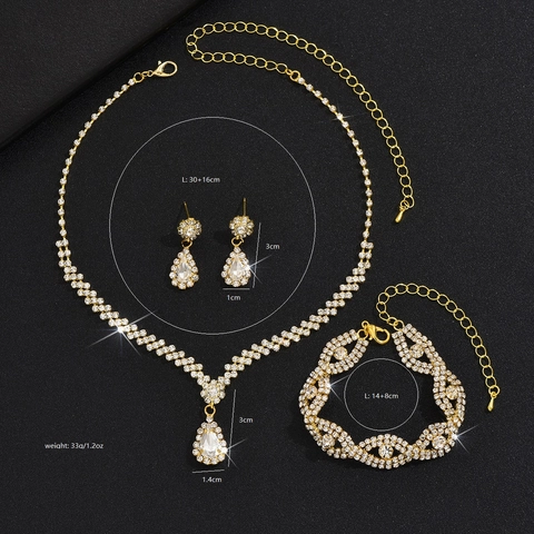 Fashion Copper Gold Rhinestone Jewelry Set With Teardrop Pendant Necklace Earrings Bracelet For Wedding Banquet Party Women