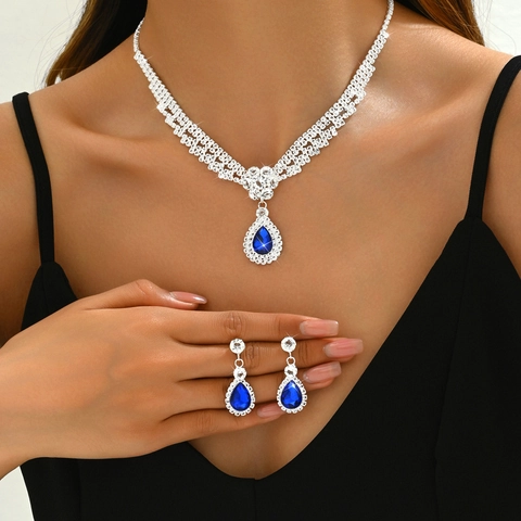 Luxury Rhinestone Jewelry Collection Copper Alloy Pear Cut Gemstone Necklace Dangle Earrings For Wedding Party Women Jewelry
