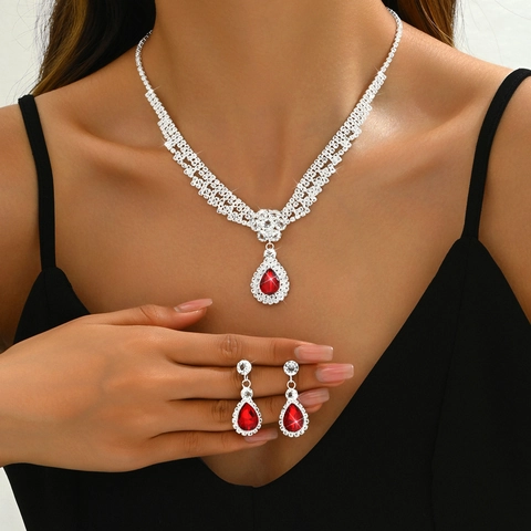 Luxury Rhinestone Jewelry Collection Copper Alloy Pear Cut Gemstone Necklace Dangle Earrings For Wedding Party Women Jewelry