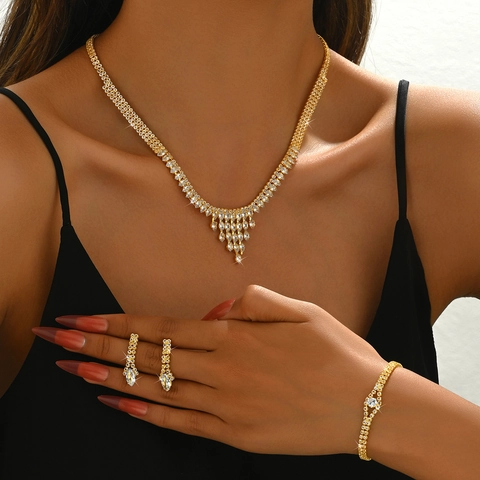 Luxury Copper Rhinestone Necklace Earrings Bracelet For Women Wedding Party Prom Shiny Bridal Jewelry Accessories