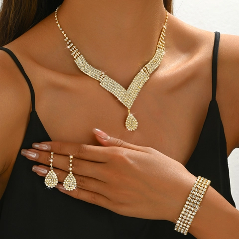 Luxus Kupfer Strass Hochzeit Schmuckset Halskette Ohrringe Armband Ring Für Braut Bankett Party Damen Schmuck
