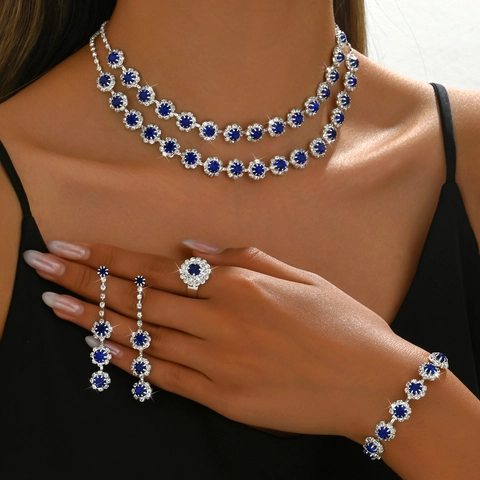 Sunflower Rhinestone Zirconia Jewelry Set For Women Copper Claw Chain Necklace Earrings Bracelet Ring Wedding Jewelry