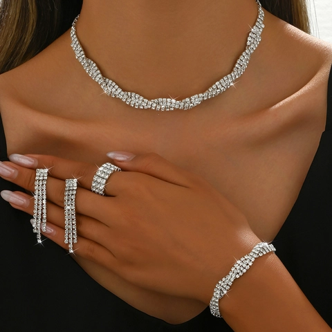 Luxurious Copper Rhinestone Bridal Jewelry Collection Shiny Silver Necklace Bracelet Long Tassel Earrings Ring Kit For Wedding Banquet Party Women