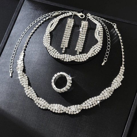 Luxurious Copper Rhinestone Bridal Jewelry Collection Shiny Silver Necklace Bracelet Long Tassel Earrings Ring Kit For Wedding Banquet Party Women