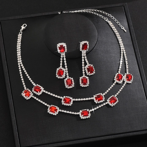 Luxury Silver Plated Copper Double Layer Necklace Long Dangle Earrings Set Rhinestone Square Gemstone Bridal Wedding Jewelry