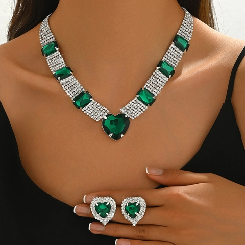 Luxury Heart Rhinestone Jewelry Set Emerald Red Blue Marquise Cut Gemstone Necklace Earrings Bracelet For Women Wedding Party