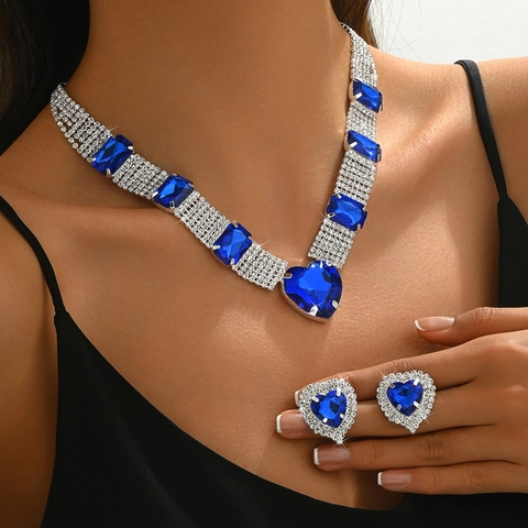Luxury Heart Rhinestone Jewelry Set Emerald Red Blue Marquise Cut Gemstone Necklace Earrings Bracelet For Women Wedding Party