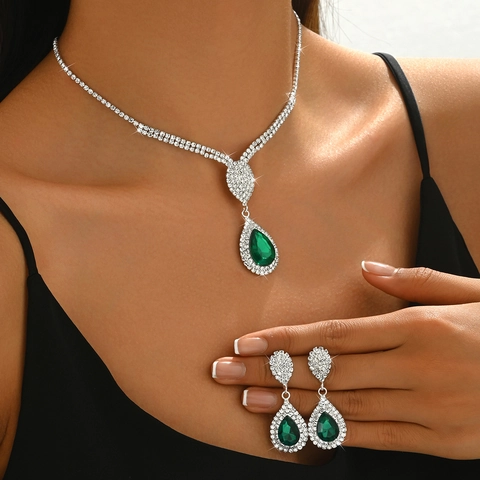Luxus Kupfer Wassertropfen Halskette Und Ohrringe Schmuckset Nische Design Strass Acryl Schmuckset Für Hochzeit Party Damen