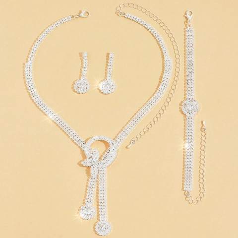 Luxurious Copper Rhinestone Bowknot Tassel Jewelry Necklace Earrings Bracelet For Wedding Party Banquet Elegant Women Jewelry