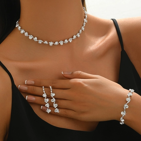 Luxus Strass Kunstperle Braut Schmuckset Kupfer Silber Gold Plattiert Halskette Ohrringe Armband Ring Für Hochzeit Damen