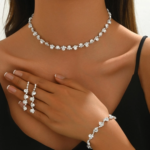 Luxus Strass Kunstperle Braut Schmuckset Kupfer Silber Gold Plattiert Halskette Ohrringe Armband Ring Für Hochzeit Damen