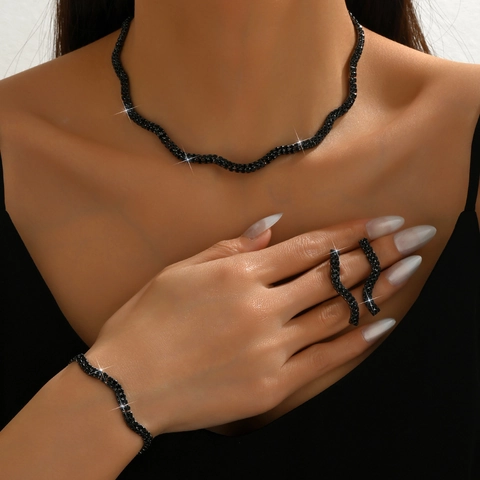 Elegant Alloy Wave Rhinestone Jewelry Set For Women Necklace Bracelet Earrings Wedding Banquet Party Bridal Accessories