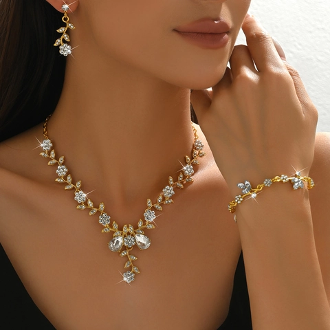 Bridal Rhinestone Crystal Necklace Earrings Bracelet Luxury Flower Vine Wedding Banquet Accessories For Women Party Prom Jewelry