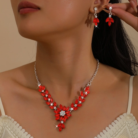 Vintage Alloy Floral Rhinestone Jewelry Set Flower Necklace Leaf Earrings For Wedding Bridal Banquet Women Party Jewelry