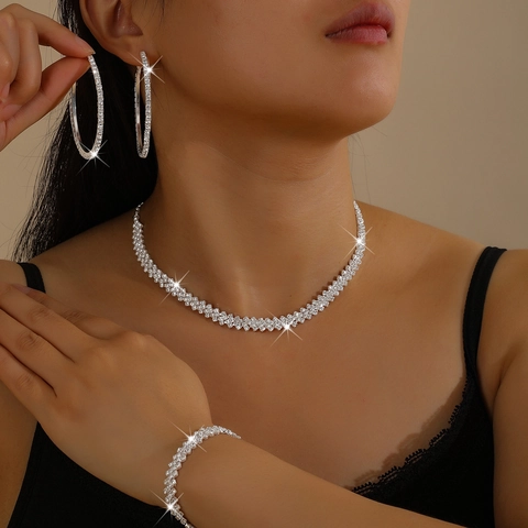 Luxury Alloy Rhinestone Necklace Earrings Bracelet Jewelry Collection For Women Wedding Banquet Party Shiny Choker Accessory