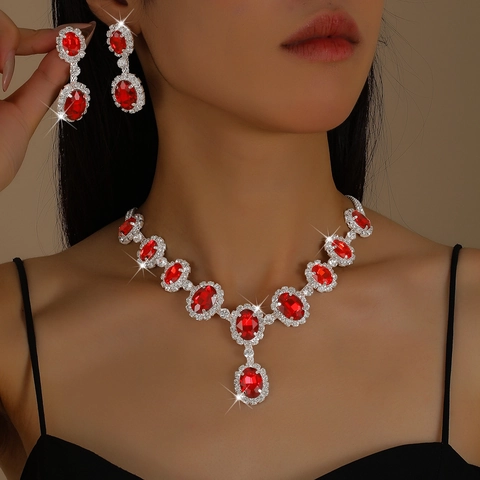 Luxurious Copper Alloy Rhinestone Jewelry Necklace Earrings Bracelet Collection For Women Elegant Floral Shape Banquet Party Accessory