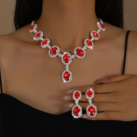 Luxurious Copper Alloy Rhinestone Jewelry Necklace Earrings Bracelet Collection For Women Elegant Floral Shape Banquet Party Accessory