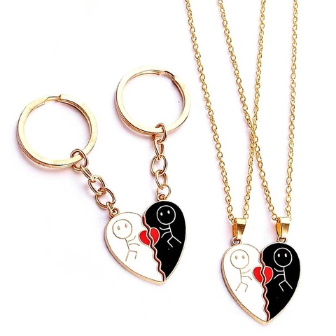 Set di Collana e Portachiavi con Ciondolo a Forma di Cuore Puzzle con Omino a Stecco per Coppia in Lega di Zinco