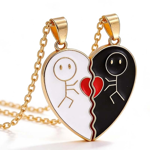 Set di Collana e Portachiavi con Ciondolo a Forma di Cuore Puzzle con Omino a Stecco per Coppia in Lega di Zinco