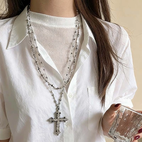 Gothic Vintage Kruis Hanger Halsketting Dames Zinklegering Strass Gelaagde Ketting Y2K Esthetisch Streetwear Choker Mode Sieraden Cadeau