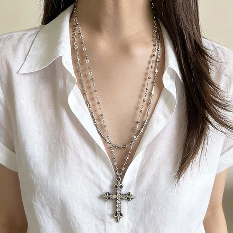 Gothic Vintage Kruis Hanger Halsketting Dames Zinklegering Strass Gelaagde Ketting Y2K Esthetisch Streetwear Choker Mode Sieraden Cadeau