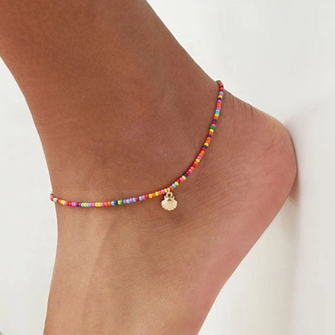 Bohemian Bunte Perlen Fußkettchen Für Damen Zinklegierung Gold Silber Muschel Anhänger Sommer Strand Schmuck Verstellbare Kette