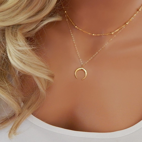 Boheems Dubbellaagse Maan Hanger Halsketting Goud Zilver Verguld Halve Maan Hoorn Meerlagige Choker Mode Sieraden Voor Dames