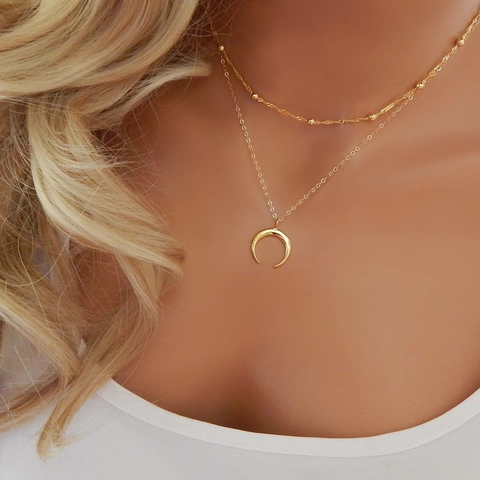 Boheems Dubbellaagse Maan Hanger Halsketting Goud Zilver Verguld Halve Maan Hoorn Meerlagige Choker Mode Sieraden Voor Dames