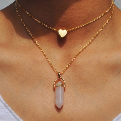 Fashion Zinc Alloy Double Layer Necklace For Women Golden Heart Pendant Geometric Hexagonal Pillar Crystal Stone Pendant Necklaces Jewelry