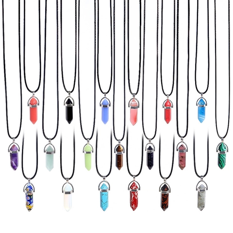 Vintage Zeshoekige Kolom Kristallen Hanger Halsketting Voor Dames Natuursteen Prisma Kunstlederen Koord Sieraden Cadeau