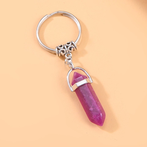 Portachiavi con Ciondolo a Colonna Esagonale in Cristallo con Anello in Metallo Lega Vintage Inciso Decorazione per Borsa Gioielli