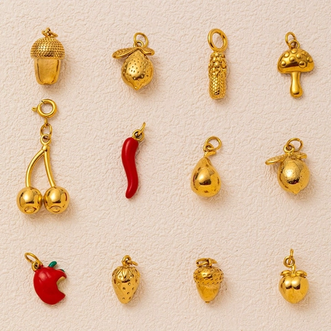Stainless Steel Fruit Pendant Necklace For Women 18K Gold Plated Enamel Cherry Strawberry Chili Mushroom Fashion Jewelry