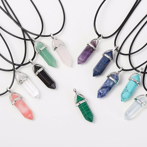 Vintage Zeshoekige Kolom Kristallen Hanger Halsketting Voor Dames Natuursteen Prisma Kunstlederen Koord Sieraden Cadeau