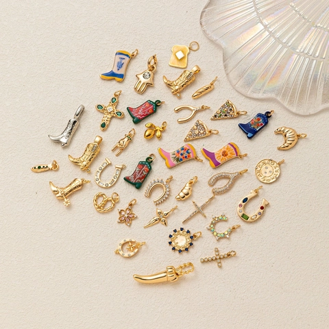Vintage Koper Zirconia Cowboylaars Kruis Hanger Voor Vrouwen DIY Emaille Veelkleurige Sieraden Maken Hoefijzer Hart Charms