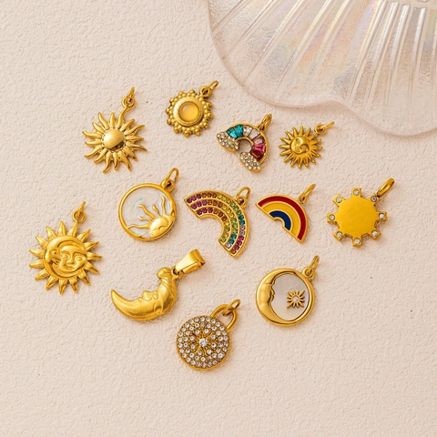 Stainless Steel Sun Moon Rainbow Pendant Necklace For Women 18K Gold Plated Vintage Celestial DIY Jewelry Accessory