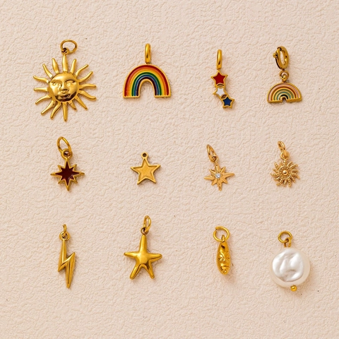 Stainless Steel Celestial Pendant Necklace Sun Moon Star Rainbow Charm Jewelry Rhinestone Artificial Pearl For Women DIY
