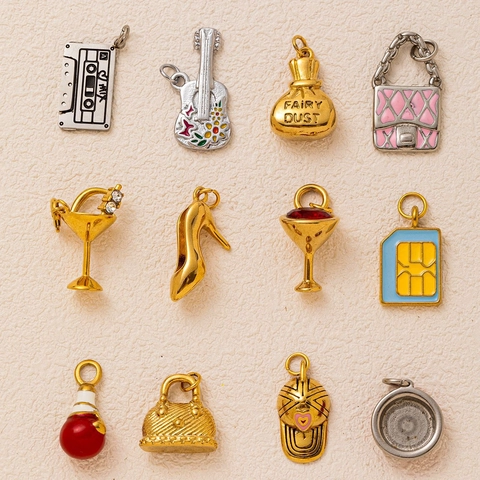 Stainless Steel DIY Pendants Charms For Women 18K Gold Plated Enamel Guitar Handbag Baseball Cap Rhinestone Charm Necklace