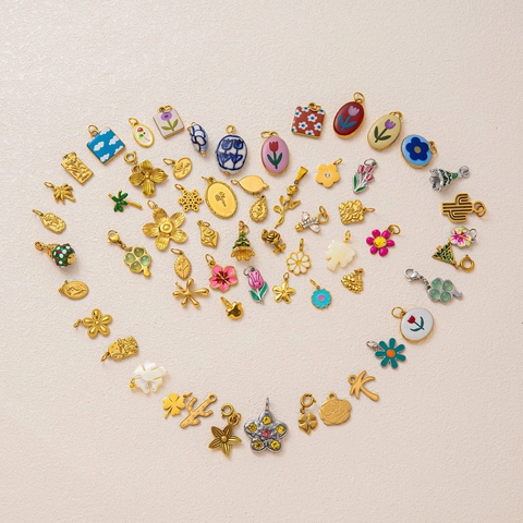 Stainless Steel Rose Coconut Tree Cactus Flower Clover Pendant DIY Necklace Jewelry Accessories Enamel Rhinestone Charms Gold Plated Pendant For Women