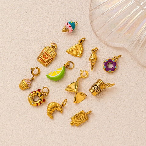 Collana con Pendente a Forma di Cibo in Acciaio Inossidabile Placcato Oro 18K per Donna Fai da Te Ciambella Patatine Pizza Gioielli