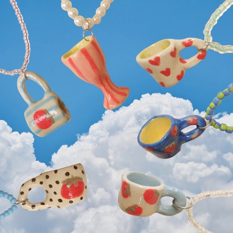 Handmade Ceramic Miniature Cup Pendant Necklace Copper Gold Plated Heart Strawberry Hand Painted Women Jewelry