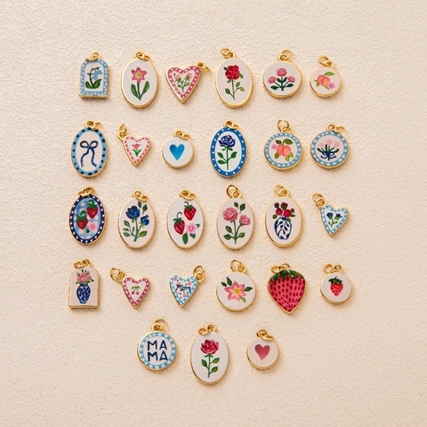 Vintage Copper Enamel Pendants Flower Heart Strawberry DIY Jewelry Making Pendants Only Without Chain For Women Mom Gifts