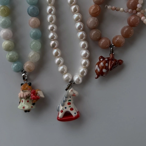 Cute Animal Enamel Copper Pendant Necklace For Women Artificial Pearl DIY Fox Rabbit Swan Mushroom Necklace Jewelry Gift