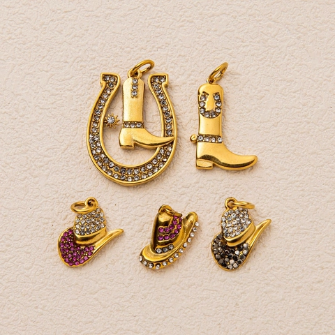 Western Cowboy Stainless Steel Pendants DIY Rhinestone Horseshoe Cowboy Boot Hat Charms 18K Gold Plated Hip Hop Jewelry Accessories